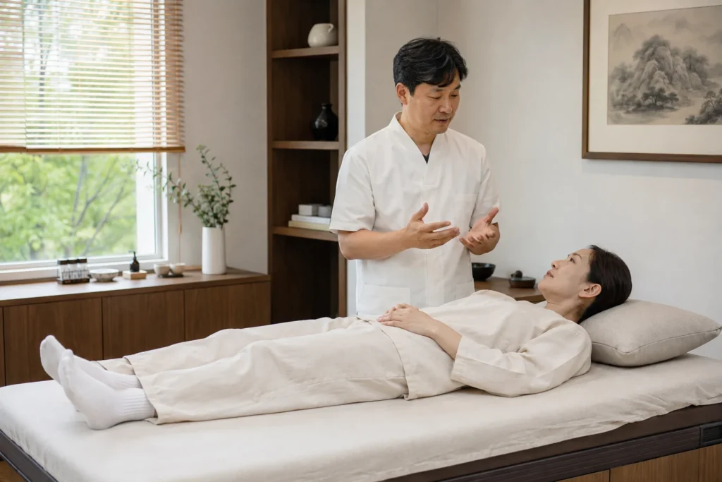 추나요법 치료 후 관리 평가와 상담 장면